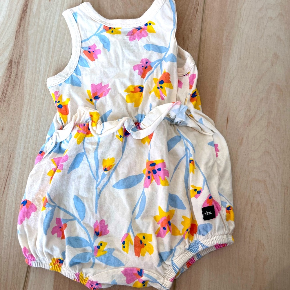 Tea Collection 6-9 mo Cream with colored floral romper.